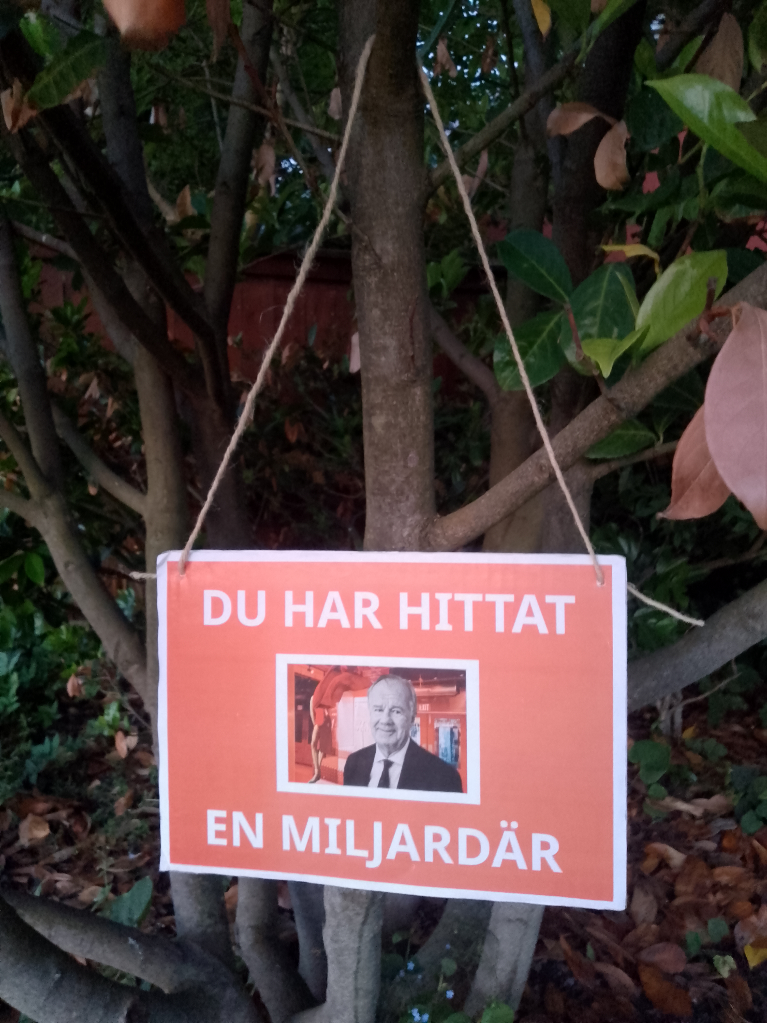 En skylt med en bild på en miljardär och texten "du har hittat en miljardär" hänger i ett buskage