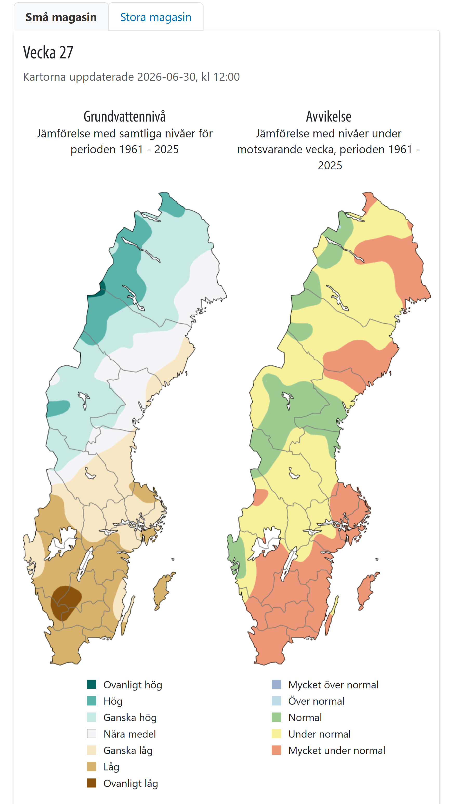 Karta över sveriges grundvattennivåer som visar mycket höjd risk i södra Sverige